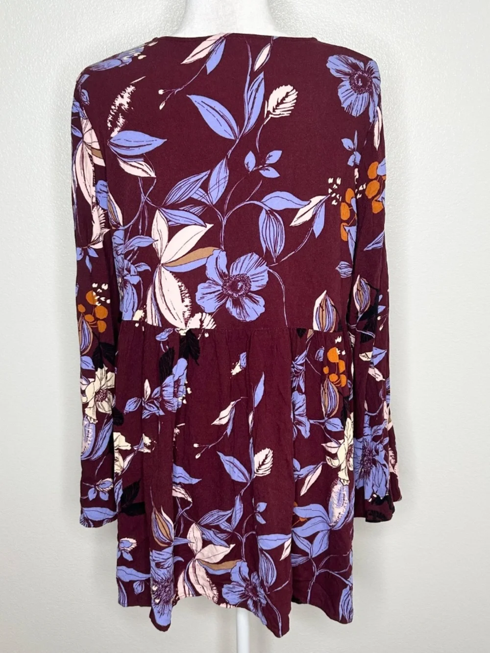 Free People Womens Maroon & Purple Floral V-Neck Smocked Long Sleeve Tunic Top L - Picture 6 of 10